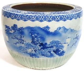 Large Heavy Asian Blue and White Porcelain Planter.  Measures approximately 17 1/2" in diameter and 12 1/2" tall