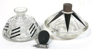 Two Karel Palda Bohemian Czech Art Deco Clear Cut Glass With Black Accents Decanters or Perfume Bottles.  Missing Daubers. 