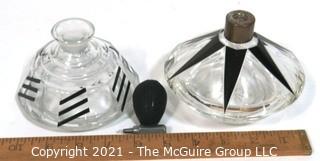 Two Karel Palda Bohemian Czech Art Deco Clear Cut Glass With Black Accents Decanters or Perfume Bottles.  Missing Daubers. 