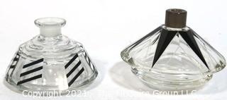 Two Karel Palda Bohemian Czech Art Deco Clear Cut Glass With Black Accents Decanters or Perfume Bottles.  Missing Daubers. 