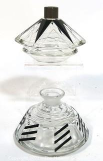 Two Karel Palda Bohemian Czech Art Deco Clear Cut Glass With Black Accents Decanters or Perfume Bottles.  Missing Daubers. 