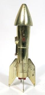 Vintage Astro Berzac Rocket Ship Mechanical Coin Bank.  Measures approximately 11" tall.