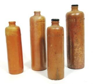 Set of 4 Antique Erven Lucas Bols Hef Loots Je Amsterdam 1 Llter Stone Ware Bottles or Carafes. 