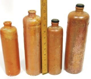 Set of 4 Antique Erven Lucas Bols Hef Loots Je Amsterdam 1 Llter Stone Ware Bottles or Carafes. 