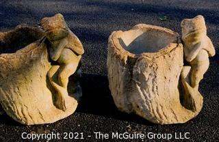 Pair of Vintage Cement Planters in the Form of Tree Stumps with Frogs.  Measure approximately 13" tall.