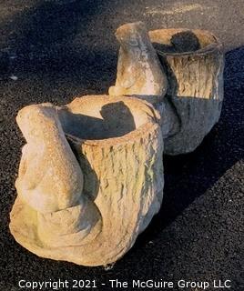 Pair of Vintage Cement Planters in the Form of Tree Stumps with Frogs.  Measure approximately 13" tall.