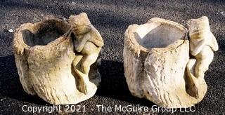 Pair of Vintage Cement Planters in the Form of Tree Stumps with Frogs.  Measure approximately 13" tall.