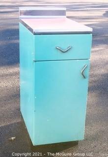 Vintage Blue Metal Cabinet with Red Linoleum and Chroma Edge Top.  Measures approximately 24D x 15W x 36"T