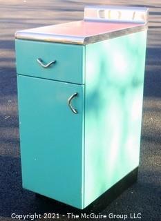 Vintage Blue Metal Cabinet with Red Linoleum and Chroma Edge Top.  Measures approximately 24D x 15W x 36"T