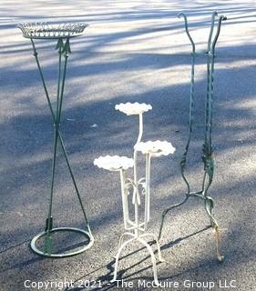 Three Vintage Outdoor Wrought Iron Garden Decorative Plant Stands.  The Tallest measures approximately 44" tall. 