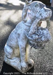 Vintage  Dog With Flower Basket Cement Outdoor Garden Statue.  Measures approximately 24" tall.