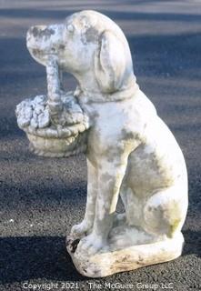 Vintage  Dog With Flower Basket Cement Outdoor Garden Statue.  Measures approximately 24" tall.