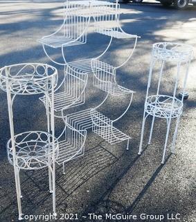 Vintage Three Piece Set of White Wrought Iron Decorative Plant Stands. 