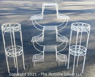 Vintage Three Piece Set of White Wrought Iron Decorative Plant Stands. 