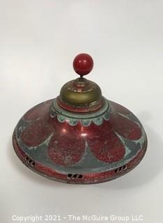 Antique Pressed Tin 'Whistling' push down spinning top with plastic base