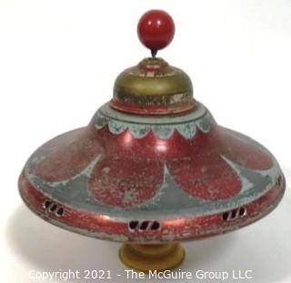 Antique Pressed Tin 'Whistling' push down spinning top with plastic base