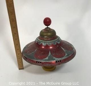 Antique Pressed Tin 'Whistling' push down spinning top with plastic base