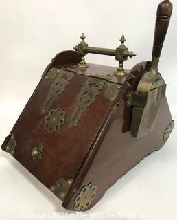 Antique Wood and Brass Coal Scuttle Box with Brass Shovel