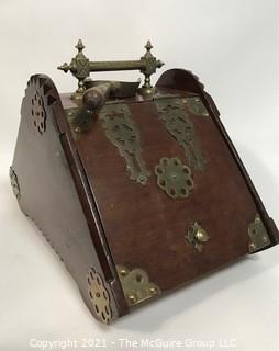 Antique Wood and Brass Coal Scuttle Box with Brass Shovel