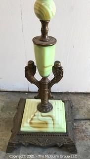 Vintage Two Light Cast Iron Floor Lamp with Green Stone and Metal Decoration. 