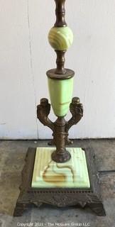 Vintage Two Light Cast Iron Floor Lamp with Green Stone and Metal Decoration. 