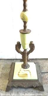 Vintage Two Light Cast Iron Floor Lamp with Green Stone and Metal Decoration. 