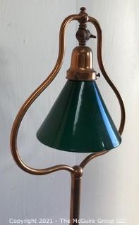 Copper Toned Floor Lamp with Green Glass Bell Shaped Shade. 