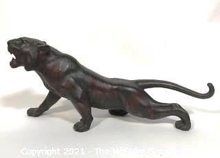 Vintage Bronze Tiger with Yellow Eyes with Asian Makers Mark on Belly.