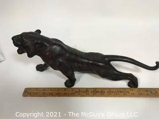 Vintage Bronze Tiger with Yellow Eyes with Asian Makers Mark on Belly.