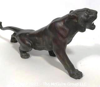 Vintage Bronze Tiger with Yellow Eyes with Asian Makers Mark on Belly.