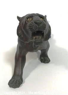 Vintage Bronze Tiger with Yellow Eyes with Asian Makers Mark on Belly.