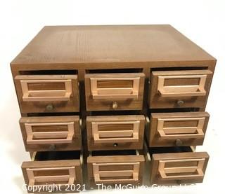 Vintage Wooden Library File Cabinet with Plastic Drawer Inserts.  