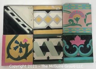 (6) Vintage Cement Hand Poured Floor Tiles in Various Geometric Designs, From France. 