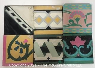 (6) Vintage Cement Hand Poured Floor Tiles in Various Geometric Designs, From France. 