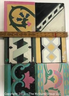 (6) Vintage Cement Hand Poured Floor Tiles in Various Geometric Designs, From France. 