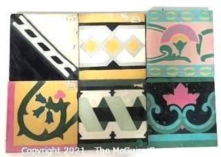 (6) Vintage Cement Hand Poured Floor Tiles in Various Geometric Designs, From France. 