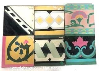 (6) Vintage Cement Hand Poured Floor Tiles in Various Geometric Designs, From France. 