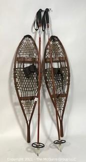 Vintage Set of Wood Snow Shoes with Poles. 