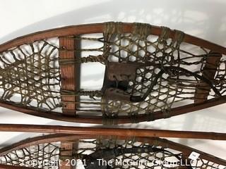 Vintage Set of Wood Snow Shoes with Poles. 