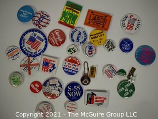 Group of Pollical Buttons and Pin Backs.
