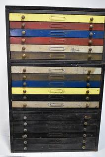 Set of (3) Vintage Metal Flat File Storage Cabinet with Drawers. 