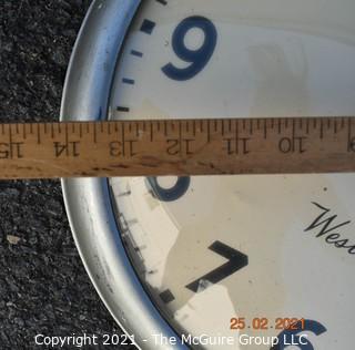 Westclox Vintage Electric Chrome and Glass Industrial Wall Clock, Needs Repair.  Measures approximately 14"diameter.