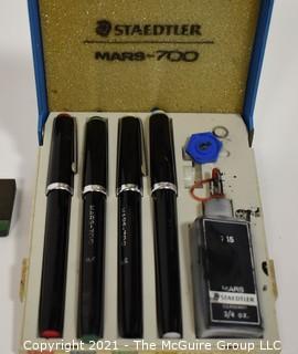 Vintage drafting assortment: Staedtler Mars 700 pen set; compasses, charcoal nibs and sanders, etc