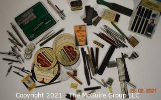 Vintage drafting assortment: Staedtler Mars 700 pen set; compasses, charcoal nibs and sanders, etc