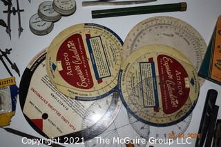 Vintage drafting assortment: Staedtler Mars 700 pen set; compasses, charcoal nibs and sanders, etc