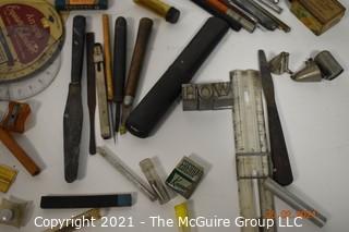 Vintage drafting assortment: Staedtler Mars 700 pen set; compasses, charcoal nibs and sanders, etc