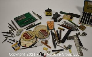 Vintage drafting assortment: Staedtler Mars 700 pen set; compasses, charcoal nibs and sanders, etc