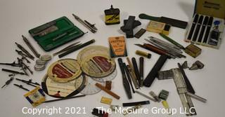 Vintage drafting assortment: Staedtler Mars 700 pen set; compasses, charcoal nibs and sanders, etc