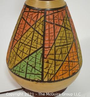 Mid Century Modern (MCM) Hand Painted Ceramic Pottery Table Lame with Turned Wood Stem, Signed and Dated Fortune Lamp, 1961