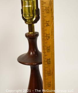 Mid Century Modern (MCM) Hand Painted Ceramic Pottery Table Lame with Turned Wood Stem, Signed and Dated Fortune Lamp, 1961